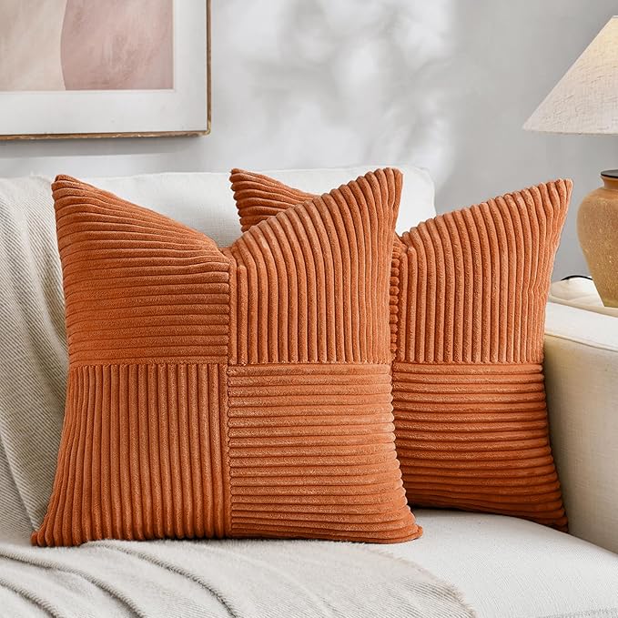 Fancy Homi 2 Packs Burnt Orange Decorative Throw Pillow Covers 18x18 Inch for Living Room Couch Bed Sofa, Farmhouse Boho Home Decor, Soft Corss Corduroy Patchwork Textured Accent Cushion Case 45x45 cm-Ruum Studio Home