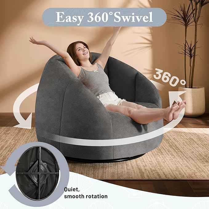 Giant Bean Bag Swivel Chair for Adults - Comfy Plush Round Shell Soft Accent Chaise Lounge Indoor Reading Chair, Oversized Cozy Floor Sofa for Living Room, Bedroom & Game Rooms, Dorm, Gray-Ruum Studio Home