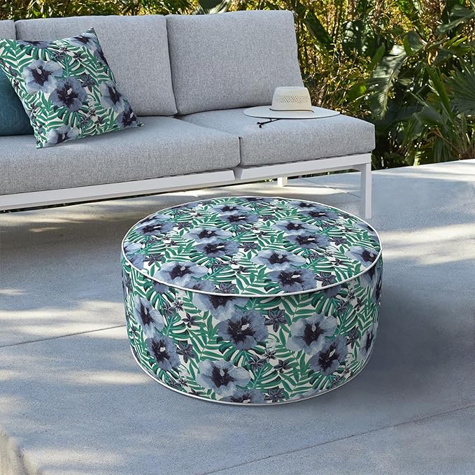 LVTXIII Indoor/Outdoor Inflatable Ottoman, D31 x H14 Inch Large Round Ottoman, All Weather Foot Rest Stool, Portable Footrest for Patio, Garden, Camping and Home - Blue Salmone Tropical-Ruum Studio Home