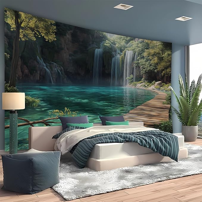 BSFHH Nature Tapestry Forest Tree Sea Cave Wall Hanging, Stream Through Rainforest Landscape Wall Art Tapestry for Bedroom Living room (Waterfall, 110" × 87", Unframed)-Ruum Studio Home