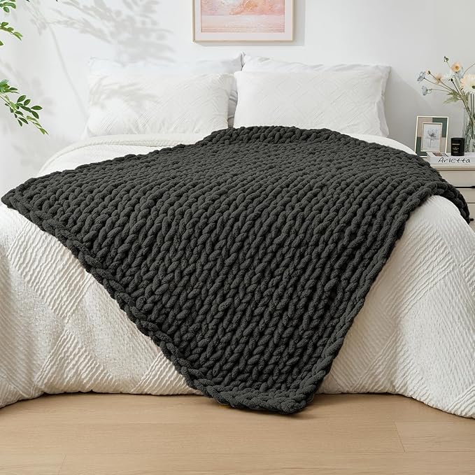 Bigacogo Chunky Knit Throw Blanket for Couch, 40x60 inches, 100% Hand Knitted with Thick Jumbo Chenille Yarn, Cozy Soft Large Rope Knot Cable Crochet Blankets for Sofa Bed Living Room, Dark Grey-Ruum Studio Home