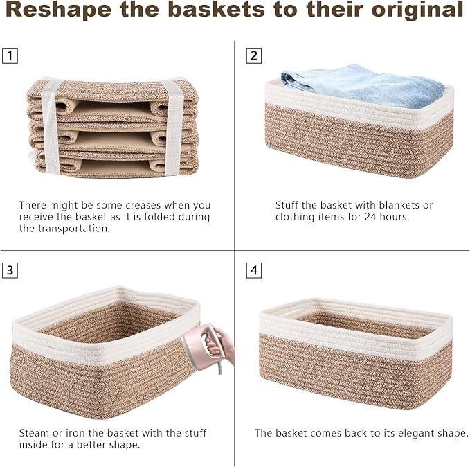3 Pack Small Storage Baskets for Organizing, Cute Woven Decorative Gift Baskets for Shelves, Mini Closet Organizer Bins with Handles-13''Lx8.66''Wx5.11''H-Brown and White-Ruum Studio Home