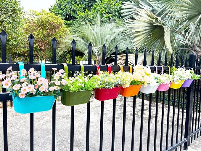 8 Pack Hanging Planters 10", Colorful Metal Bacony Railing Planter for Outdoor Decor, Countryside Fence Pot Flower Bucket for Rails Patio Garden, Plant Pot for Herb (Multi-Color, 8Pcs)-Ruum Studio Home