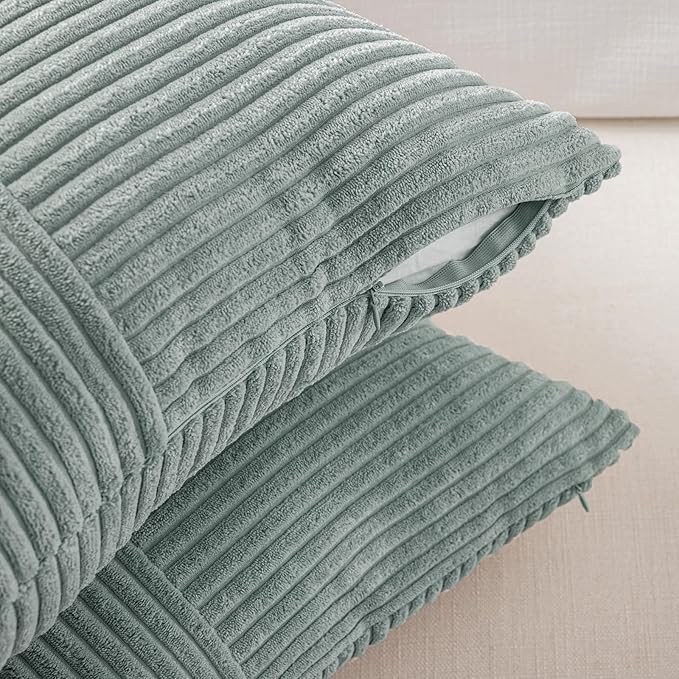 Fancy Homi 2 Packs Grey Blue Long Lumbar Decorative Throw Pillow Covers 16x24 Inch for Couch Bed Sofa, Rustic Farmhouse Boho Home Decor, Soft Striped Corduroy Rectangle Accent Cushion Case 40x60 cm-Ruum Studio Home