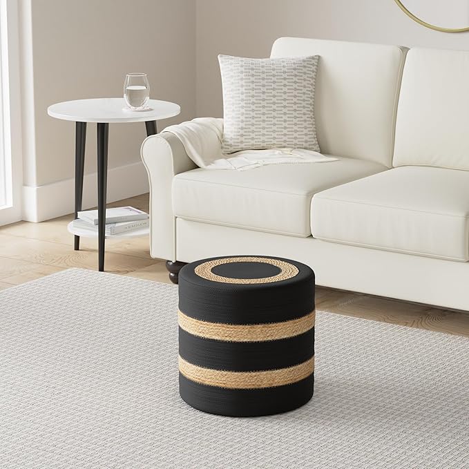 REDEARTH · Cylindrical Pouf Foot Stool Ottoman - Jute Braided Pouffe Poof Accent Sitting Footrest for The Living Room, Bedroom, Nursery, Patio, Lounge & Other Rooms (14.5”x14.5”x16”; Black Natural)-Ruum Studio Home