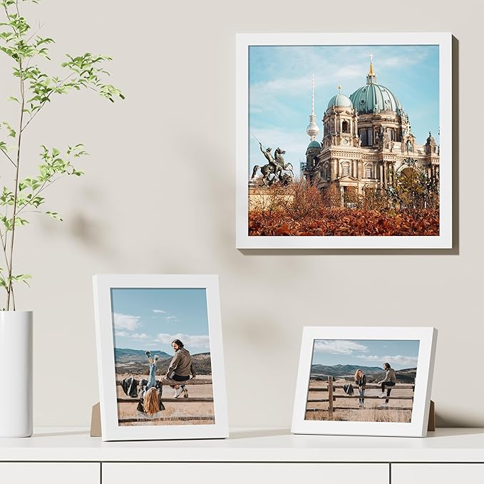 Vittanly 12x12 Picture Frames Set of 9, Shatter Resistant Plexiglass, Display 8x8 Pictures with Mat or 12x12 without Mat, Photo Frames for Wall Mount, Engineered Wood, White-Ruum Studio Home