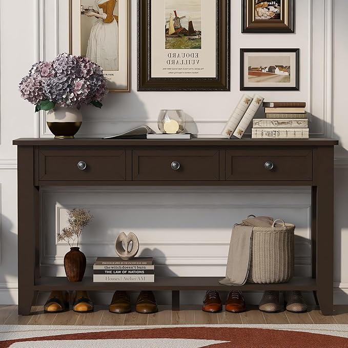 Farmhouse Modern Console Table 55.4-Inch Entryway Sofa Table with Drawers & Storage Shelf for Living Room Hallway Entrance, Dark Coffee-Ruum Studio Home