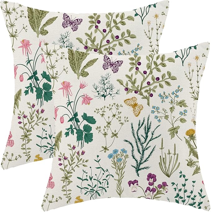 CXMEIFLY Spring Pillow Covers 16 x 16 Inch Set of 2 Vintage Sage Green Teal Wild Flowers Decor Throw Pillows Leaves Plant Outdoor Farmhouse Decorative Cushion Cases for Couch Bed Sofa Decoration-Ruum Studio Home