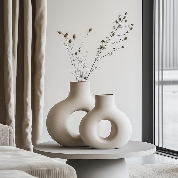 NOBULA White Ceramic Donut Vases – Modern Home Decor for Living Room, Bedroom & Table Centerpiece - Minimalist Nordic – Unique Vases for Olive Plant & Flowers – Decorative Coffee Table Vase Set of 2-Ruum Studio Home