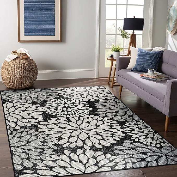 Beverly Rug Outdoor Rug 9x12 Modern Exotic Tropical Leaf Area Rugs for Indoor and Outdoor Patio Deck Porch Garden Water Resistant Washable Outside Carpet (9 x 12 Dark Gray)-Ruum Studio Home