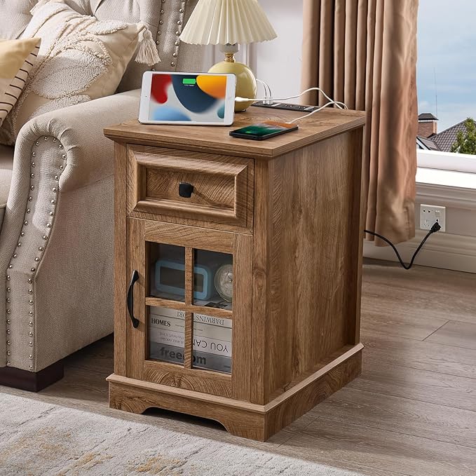 Farmhouse XXL End Table with Charging Station, Side Table with USB Ports and Outlets, Nightstand with Drawer and Glass Door Storage, Log Color Bedside Tables for Living Room, Bedroom, Office-Ruum Studio Home