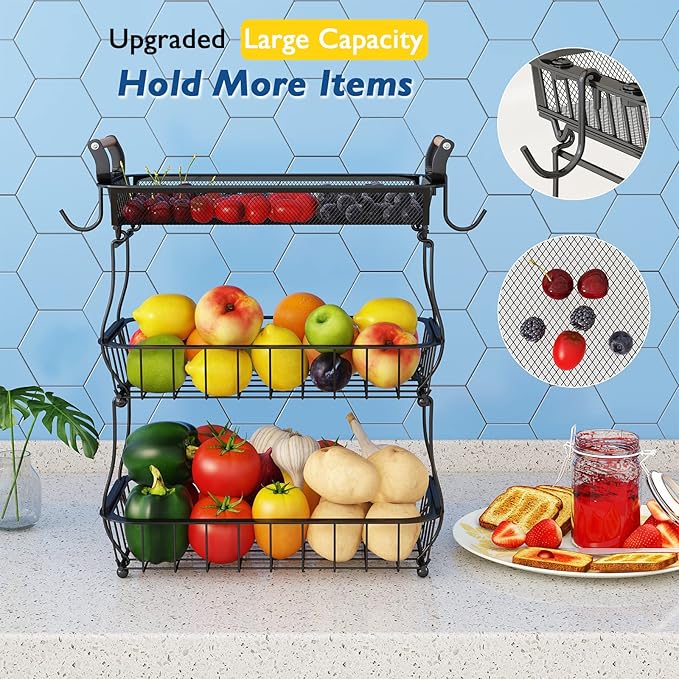 ANTOPY 3 Tier Fruit Basket with 2 Banana Hangers, Countertop Fruit Vegetable Basket Bowl for Kitchen Counter Metal Mesh Basket Fruits Stand Produce Holder Organizer for Onion Potato Bread Snack Veggie-Ruum Studio Home