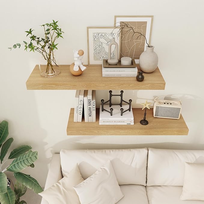 Floating Shelves 36 Inch Long, 12 Inch Deep Floating Shelves for Wall, 36 x 12 Shelves for Wall Storage & Display, 2" Thick Floating Shelf for Bathroom, Living Room, Bedroom, Oak Color, Set of 1-Ruum Studio Home