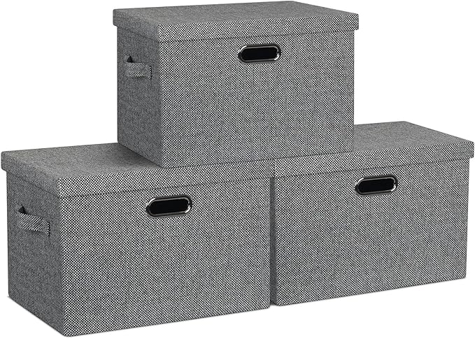 Large 17" 36 Quart Collapsible Stackable Storage Bins with Lids, 3 Packs Black and White Mix Linen Fabric Closet Boxes with Lids, Storage Cube Baskets Container Organizers (17x12x11)-Ruum Studio Home