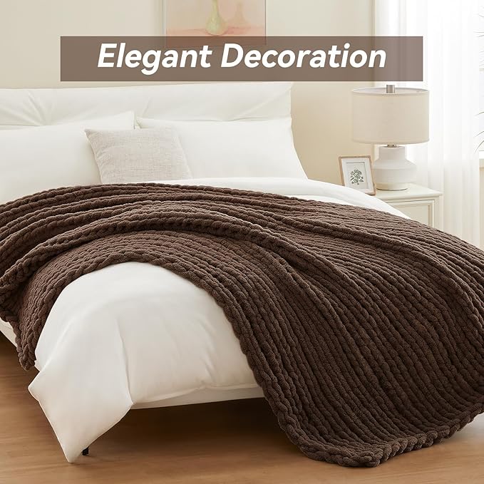 Chunky Knit Throw Blanket, 30''*40'' Knitted Throw Chenille Yarn for Bed Couch, Handmade Dark Brown Crochet Big Thick Blanket, Machine Washable Cute Comfy Blanket for Home Decor-Ruum Studio Home