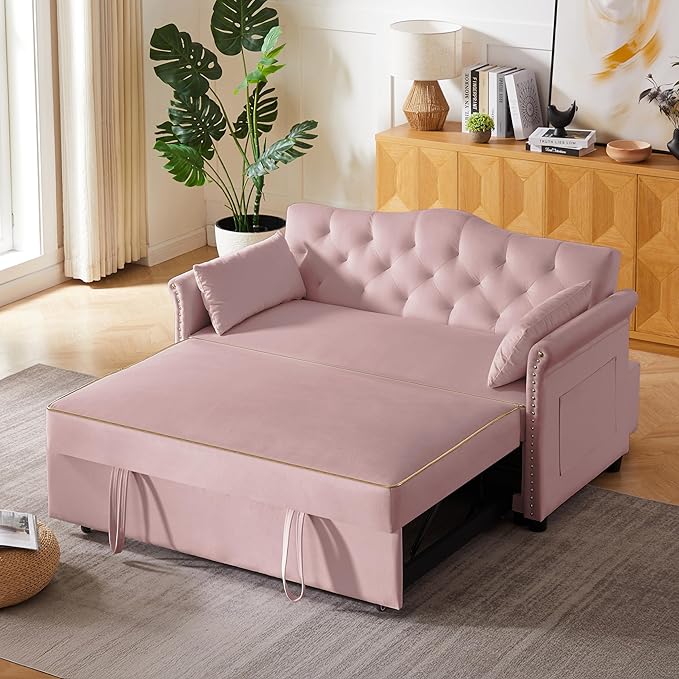 57" Velvet Pull-Out Sofa Bed, 3-in-1 Convertible Loveseat with Gold Trim Strips and Adjustable Backrest, Perfect for Living Rooms, Offices and Apartments (Pink)-Ruum Studio Home