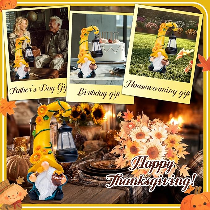 Fall Decorations for Home Porch 12" Solar Fall Gnome Sunflower Garden Statues Honey Bee Jar Decor with LED Lantern Outdoor Gnomes Decorations Patio Yard Balcony Art Birthday Gifts for Mom Grandma-Ruum Studio Home