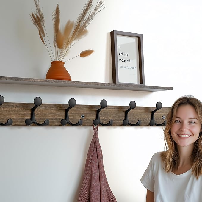SKOLOO 43-Inch Wood Burnt Coat Rack Wall Mount with 8 Triple Hooks - Ideal for Family Entrances, Classrooms, and Pet Supplies Storage - Perfect Coat Hooks for Wall-Ruum Studio Home