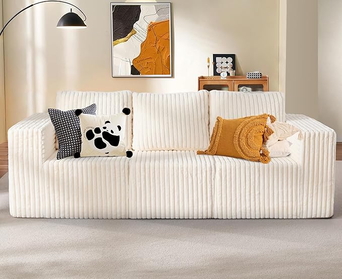 Modular Sectional Sofa 3-Seater Modular Couch with Deep Seat Memory Foam Cloud Chair with Pillows Oversized Sectional Sofa for Living Room Bedroom (Strip White, 3-Seater)-Ruum Studio Home