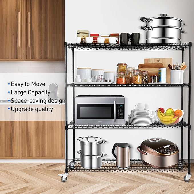 Rengue 4-Tier Wire Shelving with Wheels, 60"x 24"x72" Metal Storage Shelves, Heavy Duty Garage Storage Shelves, Chrome 2400LBS Capacity Wire Shelf Rack for Restaurant, Garage, Pantry, Black-Ruum Studio Home