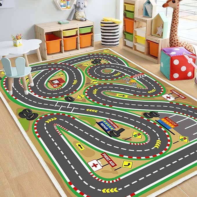 Kids Rug Play mat Playroom Rugs Car Rugs for Kids Toy Cars Race Track for Classroom Rug (Race-Brown, 3.3x4.9ft)-Ruum Studio Home