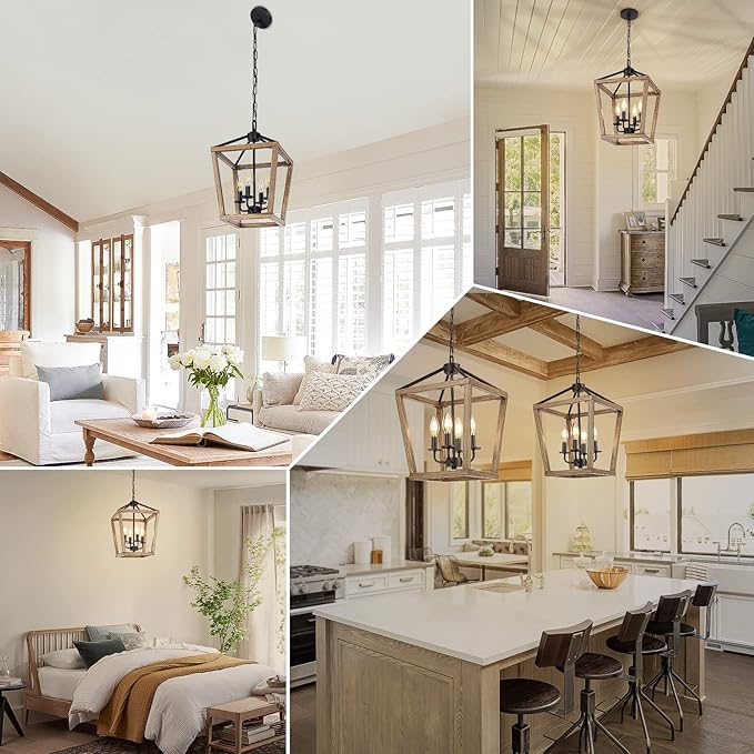 4 Light Farmhouse Chandelier, Rustic Ceiling Light Lantern Light Fixture with Wood Painted Metal Cage and Adjustable Chain, E12 Base Geometric Hanging Light Fixture for Entryway, Kitchen, Indoor-Ruum Studio Home