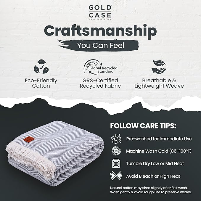 Gold Case Throw Blanket for Bed – 100% Recycled Turkish Cotton Bed Blanket – Decorative Throw Cotton Blankets for Living Room & Bedroom – Woven Twin Blankets - 71x90 - Elegant Grey-Ruum Studio Home