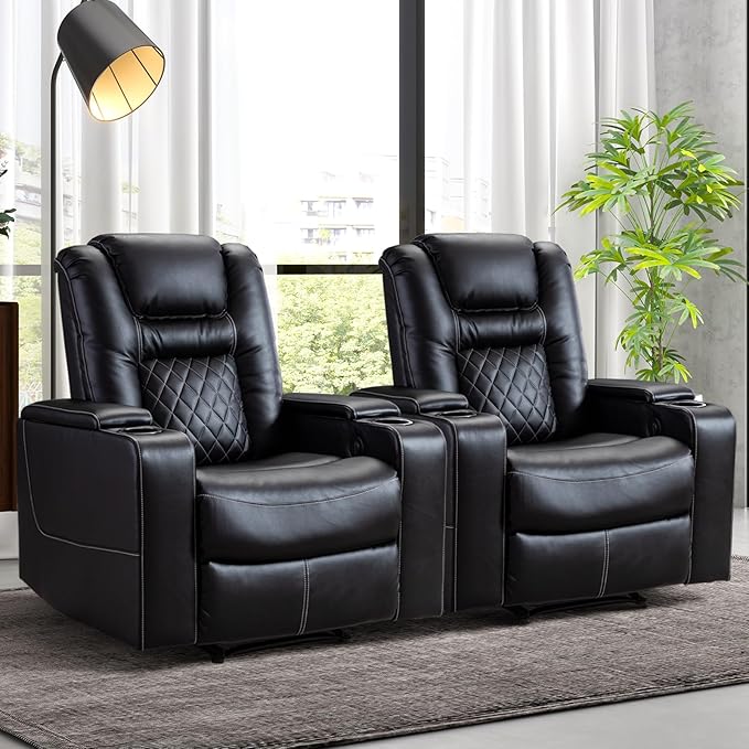 CANMOV Electric Power Recliner Chair Set of 2, Breathable Leather Home Theater Seating with Hidden Arm Storage, Power Recliner Chair for Living Room with USB Ports and Cup Holders,Black-Ruum Studio Home