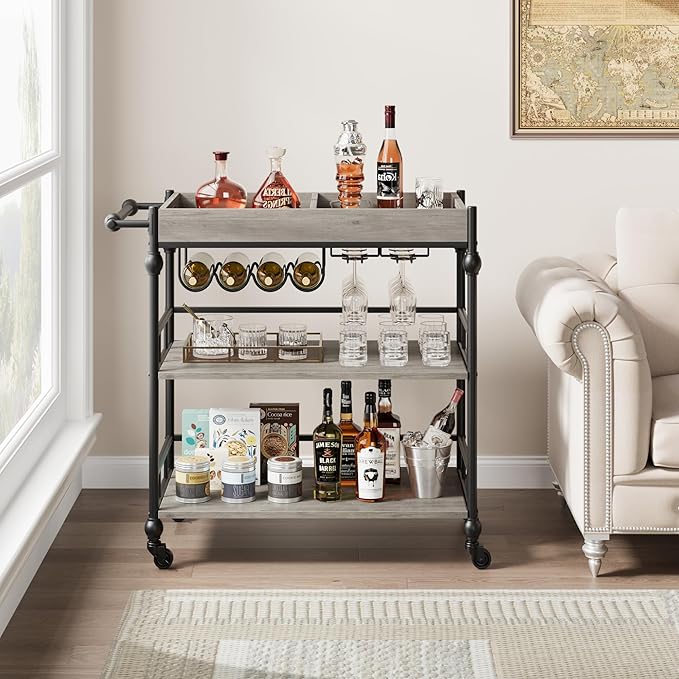 GarveeHome Bar Cart, Bar Carts for The Home, 3 Tier Serving Cart with Wheels, Home Bar & Serving Carts, Metal Rolling Cart with Wine Rack & Removable Tray for Kitchen, Dining Room, Living Room-Grey-Ruum Studio Home