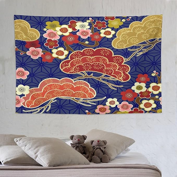 HZOHNAGO Japanese Tapestry Art Abstract Colorful Cherry Blossom Blue Background Pattern Printed Wall Tapestry Painting Wall Hanging for Bedroom Living Room Dorm 90" W x 60" H-Ruum Studio Home