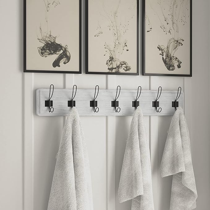 HBCY Creations Whitewash Solid Wood Wall Mounted Coat Rack with Shelf, 7 Hooks, 34" Long - Kitchen, Mudroom, Entryway, Bathroom - Includes Mounting Hardware, Coat Hanger, Dog Leash Hooks, Towel Rack-Ruum Studio Home