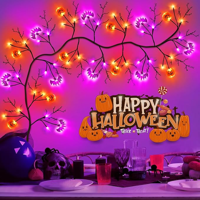 7 Ft 63 LED Halloween Willow Vine Twig Garland with 8 Modes Timer Orange Purple 21 Pumpkin Bats Lights,Halloween Garland with Waterproof Battery Operated for Indoor Wall Fireplace Decorations-Ruum Studio Home