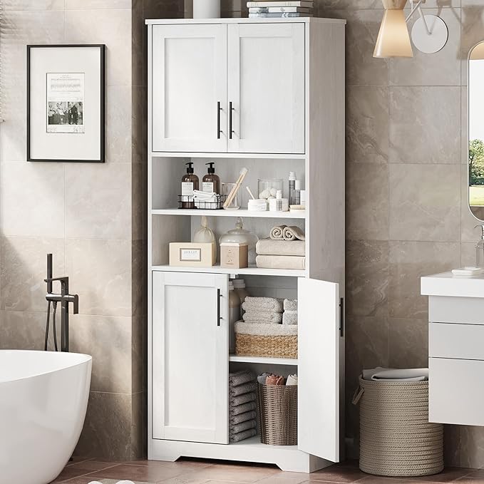 GarveeHome 67" Tall Storage Cabinet, Tall Bathroom Cabinet with 4 Doors and Adjustable Shelves, Freestanding Kitchen Pantry Cabinets, Cupboard for Living Room, Dining Room, Antique White-Ruum Studio Home