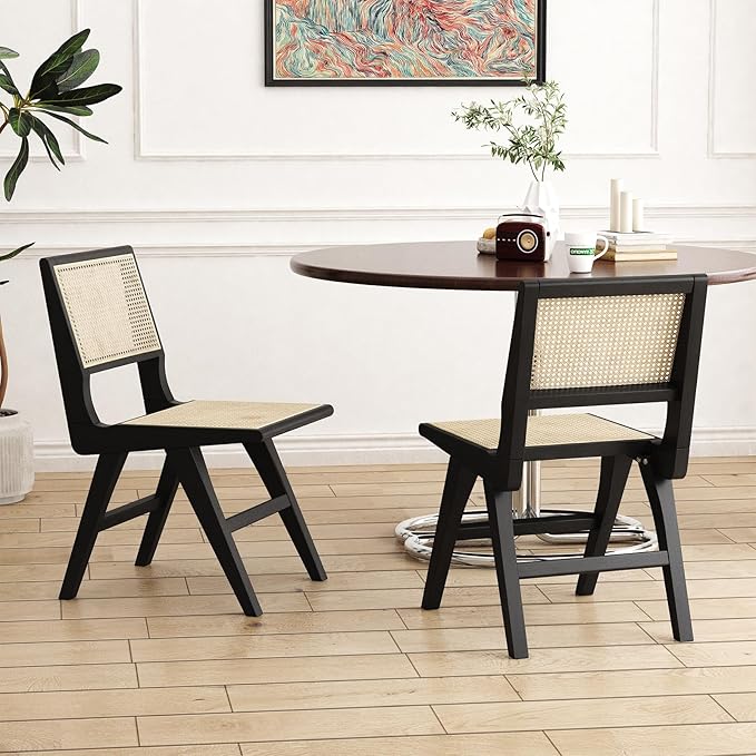 Accent Chair Dining Chairs Set of 2, Solid Wood Frame Boho Rattan Chair, Mid Century Modern Accent Chairs for Living Room Bedroom Dining Room Kitchen(Black)-Ruum Studio Home