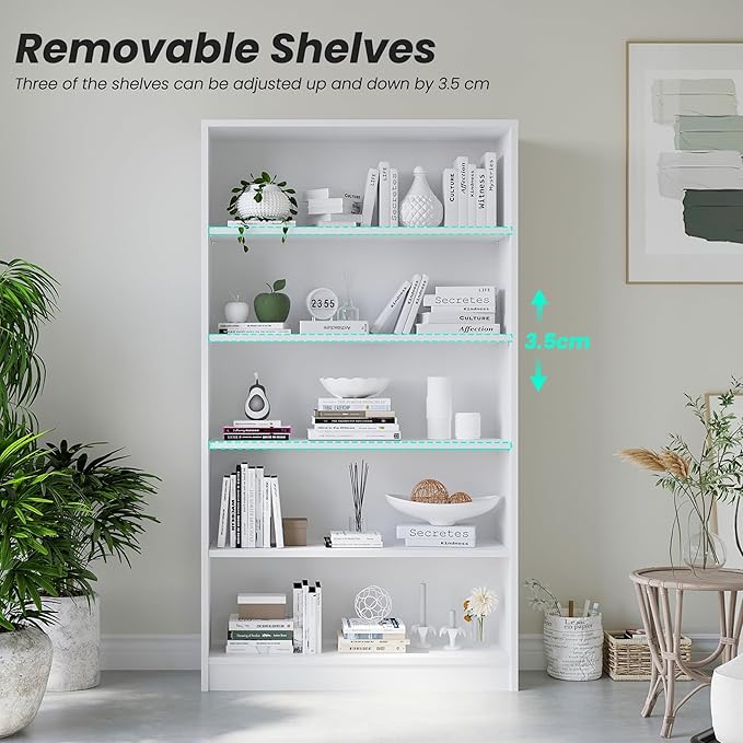Bookshelf, Open Modern Bookshelf, 5 Shelf Bookcase with Freestanding Display Storage, Wooden Book Shelf for Bedroom, Living Room, Dinning Room, Office, 60 Inch, White-Ruum Studio Home