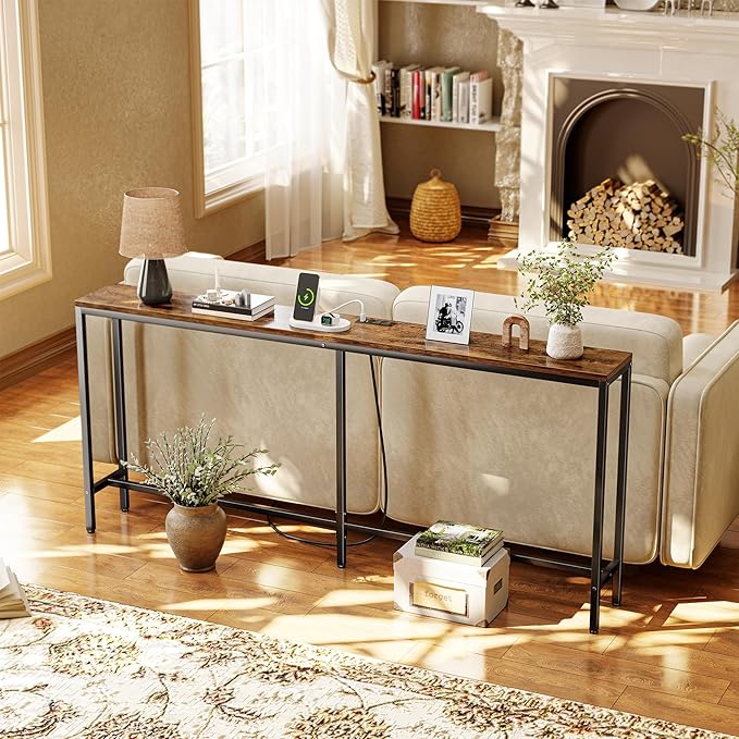 SUPERJARE 70 Inch Console Table with Outlet, Sofa Table with Charging Station, Narrow Entryway Table, Skinny Hallway Table, for Living Room, Rustic Brown-Ruum Studio Home
