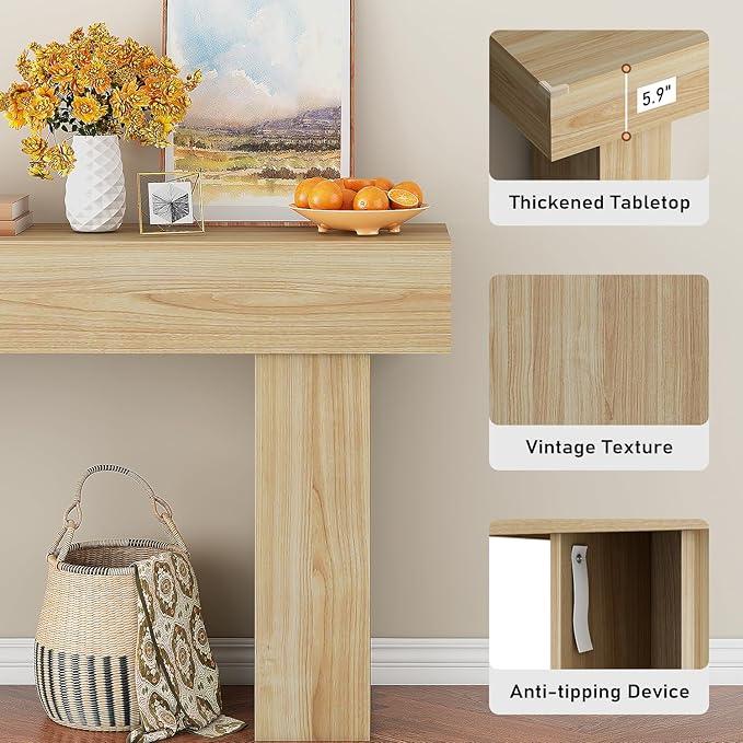 63 Inch Long Console Table for Entryway, Farmhouse Wood Rectangular Sofa Table Behind Couch Table, Narrow Entryway Table for Living Room, Entrance, Hallway, Foyer, Easy Assembly (Natural)-Ruum Studio Home