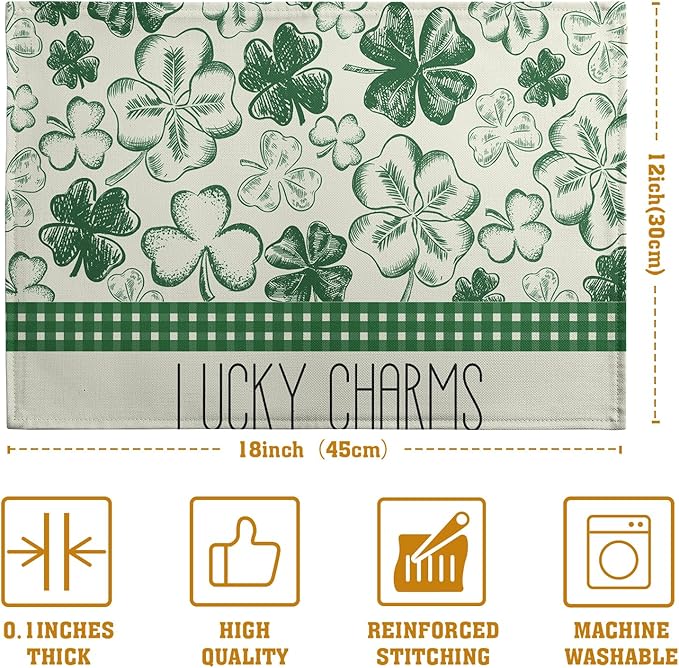 Green Shamrock St Patricks Day Placemats Set of 4 Lucky Clover Plaid Check Table Mat 12x18 Inch St. Patrick's Day Seasonal Holiday Place Mats Spring Linen Placemat for Party Kitchen Dining Decor-Ruum Studio Home