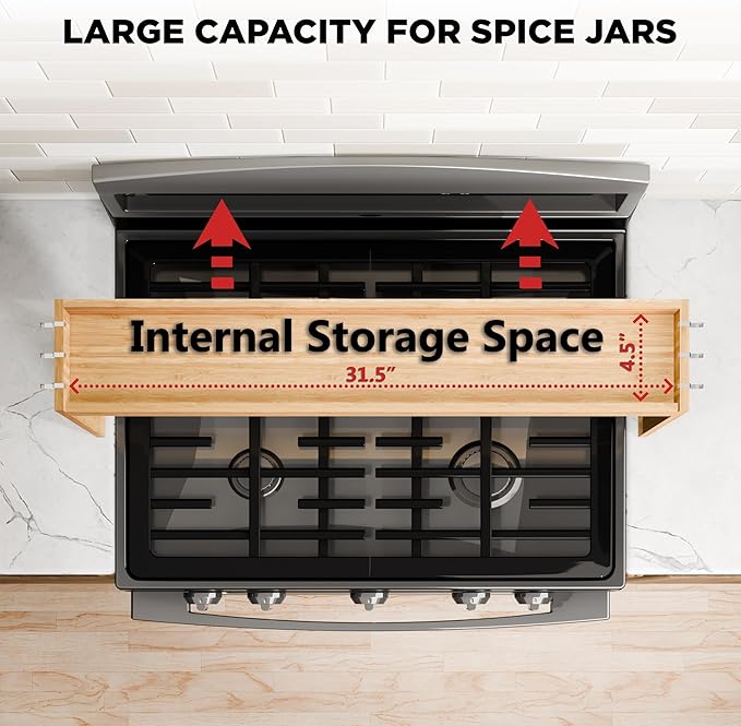 Edgecrest Bamboo Over The Stove or Sink Modern Spice Shelf, No Annoying Middle Screw, 31.5” Wide Storage, 11.4” High Countertop Shelf, 6 Side Hooks, Easy to Assemble, Eco-Friendly Durable Material-Ruum Studio Home