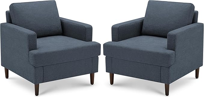 Mid-Century Accent Chair,Modern Linen Fabric Armchair for Living Room,Comfy Upholstered Reading Accent Chairs for Bedroom,Single Sofa Chair with Wood Legs (Blue Grey, 2 Pack)-Ruum Studio Home