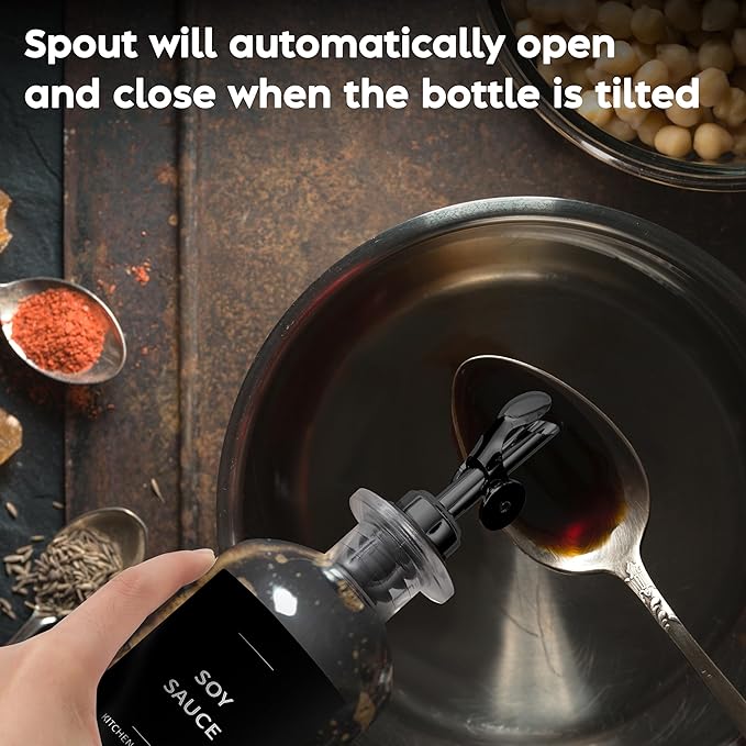 Olive Oil Dispenser Bottle - Includes 55 Kitchen Essential Labels - Cooking Oil Bottles for Kitchen, Coffee Syrup Dispenser - Pourer Spout with 11.8 fl oz Glass Container Cruet - 4pcs, Black-Ruum Studio Home