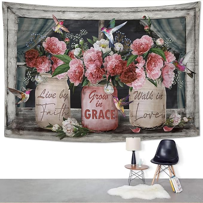 yowecso Farmhouse Rose Tapestry Peony Flower Tapestry Wall Hanging for Bedroom Floral Tapestries Aesthetic Wall Decor for Home Dorm Living Room 50"x60"-Ruum Studio Home