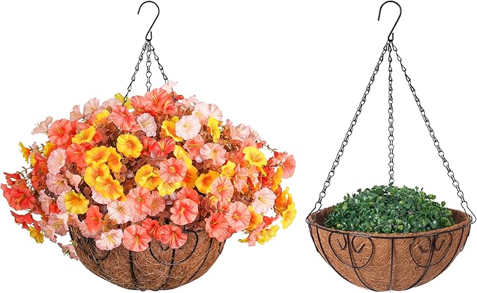 Artificial Fall Flowers Fake Hanging Plants Flowers Basket for Outdoors Autumn Decoration, Silk Morning Glory with Eucalyptus Look Real UV Resistant Faux Flowers for Outside Porch Patio Balcony, Mix-Ruum Studio Home