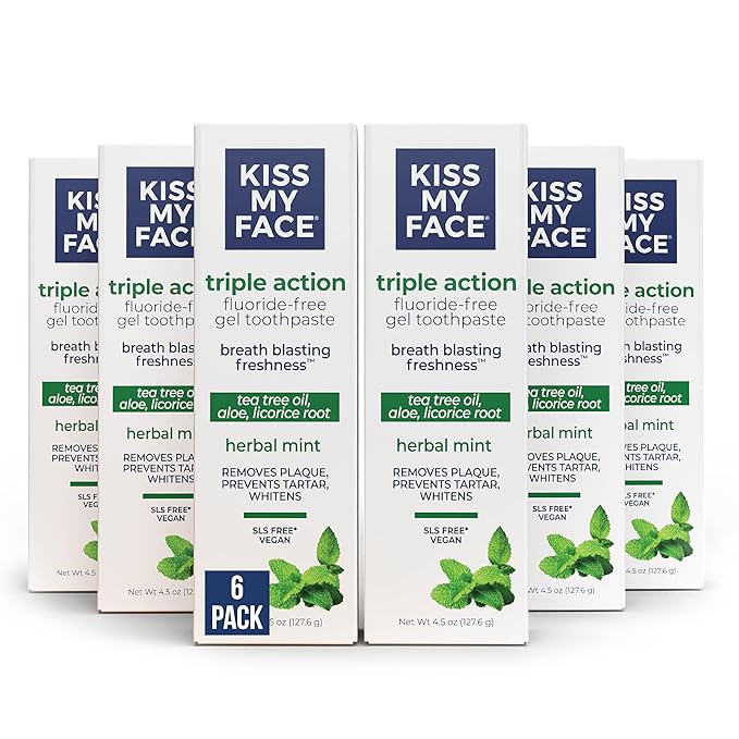 Kiss My Face Triple Action Toothpaste Gel, Herbal Mint Flavor, Removes Plaque, Whitens Teeth, Prevents Tartar, with Tea Tree Oil and Aloe, Fluoride Free, Vegan, 4.5 oz, 3 Pack-Ruum Studio Home