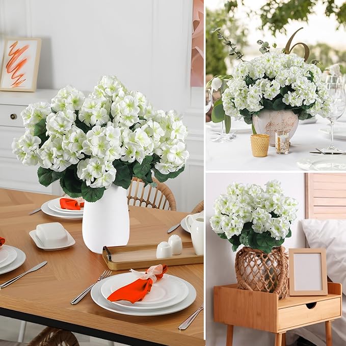 Hananona 12 Pcs Artificial Geranium Flowers for Outdoors Geranium Silk White Flower Outdoor UV Resistant Garden Plants Faux Flowers for Home Kitchen WeddingTable Centerpieces Decor (12, White)-Ruum Studio Home