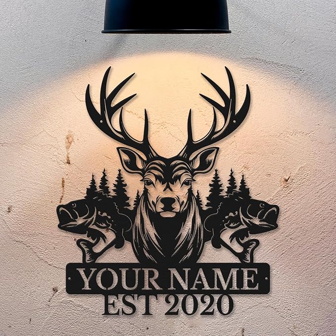 Personalized Custom Forest Deer and Fish Wall Decor, Metal Signs, Black Metal Wall Art, Custom Name Signs for Dad's Shed, Camping and Hunting Decor-Ruum Studio Home