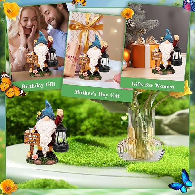 Garden Gnome Statues Figurine Lights - Solar Powered Lighting Outdoor Decorations with Lantern & Welcome Sign, Yard Art Lawn Ornaments for Porch Patio Balcony - Gnome Gifts for Women Mom-Ruum Studio Home