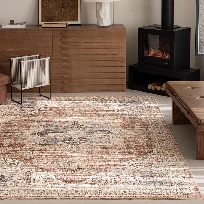 5'x7' Area Rug - Vintage Persian Medallion Design Low-Pile Faux Wool Rug, Non-Slip Backing, Machine Washable, for Living Room, Dining Room, Bedroom (Brick Red)-Ruum Studio Home
