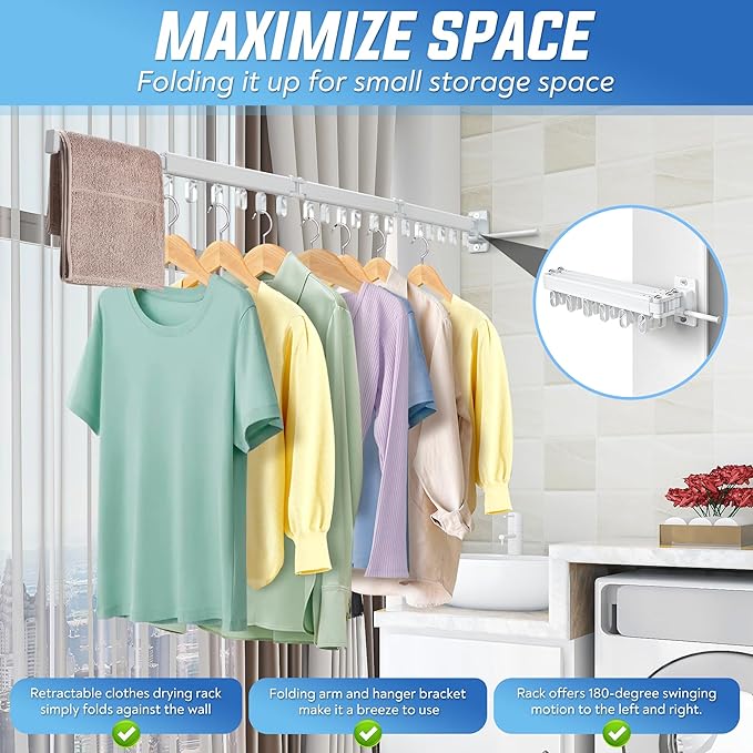 Clothes Drying Rack Wall Mounted Foldable, Retractable & Collapsible(Tri-Fold) Space-Saving Laundry Drying Rack for Indoor & Outdoor Use - Laundry Rooms, Bathroom & Balconies (White)-Ruum Studio Home
