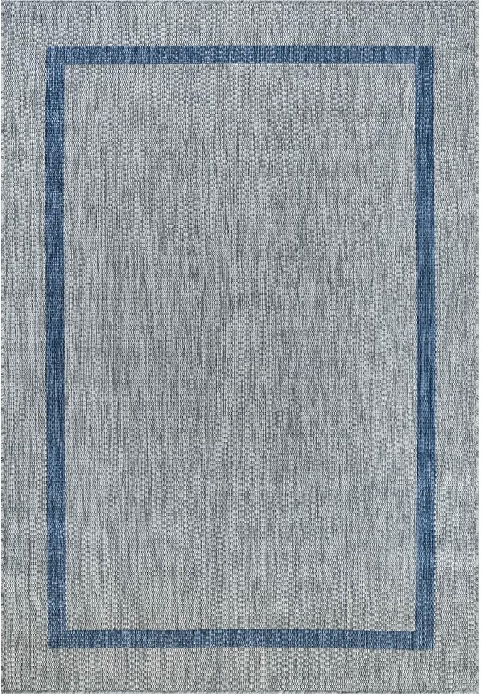 Bordered Outdoor Rug 8x10 Washable Outside Carpet for Indoor Patio Porch Waterproof Easy Cleaning Non Shedding Area Rugs Silver Gray - Blue 8 x 10-Ruum Studio Home